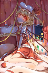 Rule 34 | 10s, 1girl, 2014, absurdres, apple, ascot, bad id, bad pixiv id, barefoot, blonde hair, dango remi, flandre scarlet, food, fruit, hat, highres, looking at viewer, night, red eyes, red skirt, short hair, side ponytail, sitting, skirt, smile, solo, touhou, wariza, wings