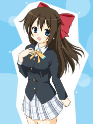 Rule 34 | 1girl, aqua eyes, artist name, artist request, black cardigan, black jacket, blue background, blue eyes, blush, bow, breasts, brown hair, buttons, cardigan, checkered clothes, checkered skirt, clenched hands, collared shirt, female focus, floating hair, hair between eyes, hair bow, highres, jacket, long hair, long sleeves, looking at viewer, love live!, love live! nijigasaki high school idol club, miniskirt, nijigasaki academy school uniform, osaka shizuku, parted lips, plaid, plaid skirt, pleated, pleated skirt, ponytail, red bow, ribbon, school uniform, shirt, skirt, small breasts, smile, solo, wavy hair, white shirt, white skirt, yellow buttons, yellow neckwear, yellow ribbon