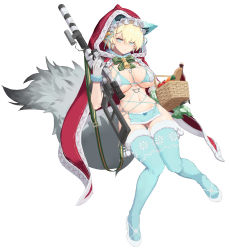 Rule 34 | 1girl, absurdres, animal ears, animal hood, aqua eyes, basket, bell, blonde hair, breasts, closed mouth, cross, cross earrings, earrings, full body, fur trim, girls&#039; frontline, gloves, gluteal fold, greentree, gun, heart o-ring, high heels, highres, hood, hoodie, jewelry, knees together feet apart, large breasts, mole, mole on breast, mole under eye, navel, o-ring, official alternate costume, over shoulder, revealing clothes, rifle, short hair, simple background, sniper rifle, solo, tail, thighhighs, vsk-94 (christmas eve detective) (girls&#039; frontline), vsk-94 (girls&#039; frontline), weapon, weapon over shoulder, white background
