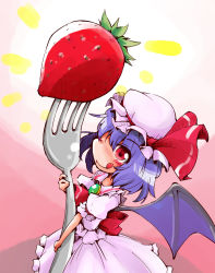 Rule 34 | 1girl, :q, bat wings, blush, dress, food, fork, fruit, hay, highres, mini person, minigirl, purple hair, red eyes, remilia scarlet, shinapuu, short hair, solo, strawberry, tongue, tongue out, touhou, wings