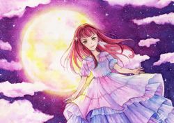 Rule 34 | 1girl, absurdres, artist name, artist request, blush, breasts, brown eyes, cloud, collarbone, dress, earrings, feather earrings, feathers, female focus, floating hair, full moon, hair between eyes, hair ornament, hairclip, highres, jewelry, long hair, looking at viewer, love live!, love live! school idol festival, love live! sunshine!!, love spiral tower (love live!), miniskirt, moon, night, night sky, outstretched arms, parted lips, plaid, plaid dress, plaid skirt, pleated, pleated dress, pleated skirt, puffy short sleeves, puffy sleeves, red hair, sakurauchi riko, short sleeves, skirt, sky, small breasts, smile, solo, star (sky), the story of feather (love live!), v-shaped eyebrows, white dress, white skirt, yellow eyes