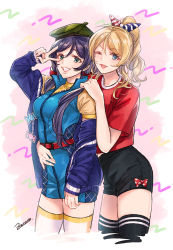 Rule 34 | 2girls, ;d, arm around waist, artist name, ayase eli, bad id, bad pixiv id, badge, belt, beret, black shorts, blonde hair, blue cardigan, blue dress, blue eyes, bow, button badge, candy, cardigan, dress, food, green eyes, green hat, grin, hair bow, hand on another&#039;s shoulder, hat, hat ribbon, highres, long sleeves, looking at viewer, love live!, love live! school idol festival, love live! school idol project, multiple girls, one eye closed, open mouth, polka dot, polka dot bow, ponytail, purple hair, red bow, red shirt, ribbon, shirt, short shorts, short sleeves, shorts, sidelocks, smile, striped ribbon, t-shirt, thighhighs, tojo nozomi, twintails, v over eye, zawawa (satoukibi1108), zipper