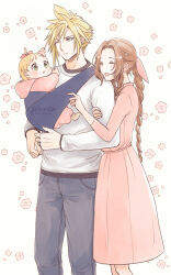 Rule 34 | 1boy, 2girls, aerith gainsborough, alternate costume, ancotsubu, artist name, baby, blonde hair, blue pants, blush, braid, braided ponytail, brown hair, casual, closed eyes, cloud strife, dress, family, feet out of frame, final fantasy, final fantasy vii, final fantasy vii remake, floral background, green eyes, hair between eyes, hair ribbon, highres, holding another&#039;s arm, holding baby, hood, hood down, hoodie, if they mated, jewelry, long dress, long sleeves, multiple girls, one eye closed, open mouth, pants, parent and child, parted bangs, pink dress, pink hoodie, pink ribbon, ribbon, ring, shirt, shirt under shirt, short hair, sidelocks, single braid, smile, spiked hair, standing, twitter username, very short hair, wavy hair, white shirt