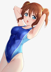 Rule 34 | 1girl, absurdres, arms behind head, bad id, bad pixiv id, blue eyes, blue one-piece swimsuit, breasts, brown hair, collarbone, competition swimsuit, cowboy shot, highres, konoe haruka, looking at viewer, love live!, love live! nijigasaki high school idol club, medium breasts, oku 1225, one-piece swimsuit, open mouth, short hair, simple background, solo, swimsuit, wet, wet clothes, wet swimsuit, white background
