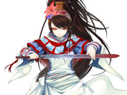 Rule 34 | 1girl, blood, bloody weapon, brown hair, cowboy shot, cropped, dress, duplicate, earrings, flower, holding, holding sword, holding weapon, jewelry, looking at viewer, ponytail, red eyes, sangokushi taisen, sheath, shingo (missing link), simple background, solo, sword, unsheathing, weapon, white background, white dress, zhang chunhua, zhang chunhua (sangokushi taisen)