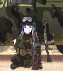 Rule 34 | 1girl, ak-74, assault rifle, blue eyes, blue hair, boots, blowing bubbles, camouflage, chewing gum, commentary, english commentary, gloves, goggles, goggles on headwear, gun, helmet, highres, indian style, kalashnikov rifle, load bearing equipment, looking at viewer, military, original, outdoors, rifle, robota81, sitting, solo, v, vehicle, weapon, weapon request