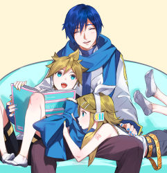 Rule 34 | 1girl, 2boys, blonde hair, blue eyes, blue hair, book, brother and sister, closed eyes, couch, hair between eyes, headset, kagamine len, kagamine rin, kaito (vocaloid), looking at another, multiple boys, naoko (naonocoto), sailor collar, scarf, siblings, simple background, smile, twins, vocaloid, yellow background