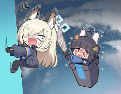 Rule 34 | 2girls, ahoge, animal ear fluff, animal ears, armband, black gloves, black hair, blonde hair, blue archive, blunt bangs, chibi, cloud, commentary, dog ears, extra ears, fake animal ears, fang, flying sweatdrops, fox ears, fox tail, getting over it, gloves, gun, halo, highres, holding, holding weapon, in container, in trash can, jacket, kanna (blue archive), leaf, leaf on head, long hair, long sleeves, looking at another, miyu (blue archive), multiple girls, nemoga, open mouth, outdoors, parody, rabbit ears, recycle bin, red eyes, scared, school uniform, shaded face, sweat, nervous sweating, symbol-only commentary, tail, tearing up, tears, trash can, weapon