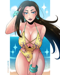 Rule 34 | 1girl, artist name, battle tendency, black hair, blue eyes, bracelet, breasts, cleavage, commentary, dangerousbride, english commentary, hand in own hair, hand on own thigh, highres, jewelry, jojo no kimyou na bouken, large breasts, leaning forward, lisa lisa, long hair, ocean, one-piece swimsuit, parted lips, purple lips, smile, solo, sparkle, swimsuit, yellow one-piece swimsuit