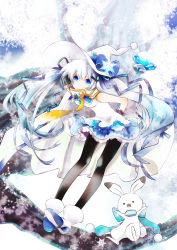 Rule 34 | 1girl, anoringo, blue eyes, blue hair, cape, hat, hatsune miku, highres, long hair, matching hair/eyes, necktie, pantyhose, rabbit, skirt, snowflakes, solo, twintails, very long hair, vocaloid, wand, witch hat, yuki miku, yukine (vocaloid)