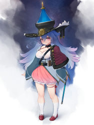 Rule 34 | 1girl, arms at sides, bad id, bad pixiv id, belt, belt pouch, blue hair, book, breasts, brooch, capelet, cleavage, closed mouth, dress, full body, hair between eyes, halter dress, halterneck, hat, highres, holding, holding weapon, jewelry, kneehighs, knees, large breasts, leg ribbon, long bangs, long hair, long sleeves, looking at viewer, original, pouch, purple eyes, ribbon, skindentation, skirt, smile, socks, solo, thigh ribbon, weapon, white socks, wide sleeves, yashemao qishi