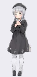 Rule 34 | 1girl, atage, black dress, black footwear, black hat, blush, commentary, dress, full body, grey eyes, grey hair, hands up, hat, long sleeves, looking at viewer, original, pantyhose, parted lips, shoes, simple background, solo, standing, white background, white pantyhose