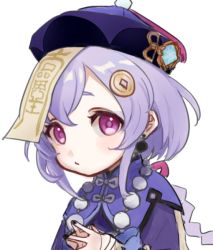 Rule 34 | 1girl, bad id, bad pixiv id, black nails, closed mouth, eyebrows hidden by hair, genshin impact, hair between eyes, hair ornament, hat, jacket, looking at viewer, nail polish, nuno (pppompon), ofuda, purple eyes, purple hair, purple hat, purple jacket, qingdai guanmao, qiqi (genshin impact), simple background, solo, steepled fingers, white background