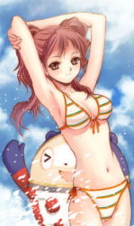 Rule 34 | &gt; &lt;, 1girl, armpits, arms behind head, arms up, atlus, bikini, breasts, brown hair, cleavage, closed eyes, costume, cowboy shot, day, kujikawa rise, kuma (persona 4), long hair, looking at viewer, medium breasts, midriff, navel, persona, persona 4, seiru (prairie), smile, splashing, standing, stomach, stretching, string bikini, striped bikini, striped clothes, swimsuit, twintails, water, wince