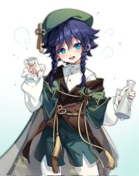 Rule 34 | 1boy, alcohol, beret, black hair, blue eyes, blush, braid, cape, flower knot, genshin impact, green cape, green hat, green shorts, hat, highres, male focus, official alternate costume, open mouth, sake, shao (shaorouhong), short hair with long locks, shorts, smile, solo, twin braids, venti (genshin impact), wide sleeves