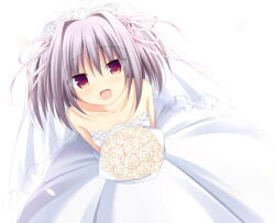Rule 34 | 1girl, :d, bare shoulders, blush, bouquet, bridal veil, collarbone, commentary request, dress, eyes visible through hair, fang, flower, from above, grey hair, hair between eyes, hair intakes, hair ribbon, happy, hapymaher, holding, holding bouquet, korokoro cat, looking at viewer, medium hair, naitou maia, open mouth, red eyes, ribbon, rose, simple background, smile, solo, strapless, strapless dress, two side up, veil, wedding dress, white background, white dress, white flower, white ribbon, white rose