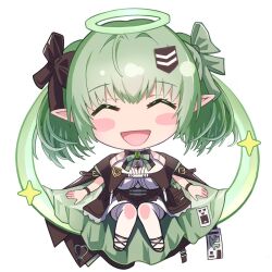 Rule 34 | 1girl, :d, black bow, blush stickers, bow, bowtie, brown bow, brown bowtie, brown jacket, chibi, closed eyes, einkk (nikke), floating, goddess of victory: nikke, green bow, green bowtie, green eyes, hair bow, halo, highres, jacket, long hair, lunati nikke, open mouth, shirt, simple background, sitting, smile, solo, white shirt