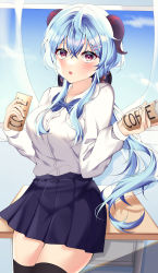 Rule 34 | 1girl, absurdres, ahoge, bad id, bad pixiv id, black skirt, black thighhighs, blue hair, bow, bowtie, can, canned coffee, collared shirt, commentary request, curtains, desk, drink can, dual wielding, educk, ganyu (genshin impact), genshin impact, hair between eyes, hair ornament, hairclip, highres, holding, holding can, horns, long hair, long sleeves, looking at viewer, low ponytail, parted lips, pleated skirt, purple eyes, school desk, school uniform, shirt, sidelocks, skirt, solo, thighhighs, white shirt, zettai ryouiki