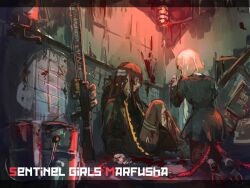 Rule 34 | 2girls, against wall, applying bandages, assault rifle, bandage over one eye, bandaid, bandaid on face, blonde hair, blood, blood on clothes, blood on hands, blood splatter, bloody weapon, brown hair, bucket, coat, full body, gun, highres, injury, kneeling, laica (marfusha), long hair, low twintails, marfusha, marfusha (marfusha), multiple girls, osakana (denpa yun&#039;yun), pantyhose, patch, rifle, sitting, thigh strap, torn clothes, torn pantyhose, twintails, very long hair, weapon