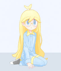 Rule 34 | 1boy, ahoge, akasaka (qv92612), alternate hair length, alternate hairstyle, blonde hair, blue jumpsuit, clemont (pokemon), commentary request, creatures (company), full body, game freak, glasses, grey background, grey eyes, hair between eyes, highres, jumpsuit, long hair, long sleeves, male focus, nintendo, parted lips, pokemon, pokemon xy, shoes, sitting, sneakers, solo