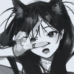 Rule 34 | 1girl, animal ear fluff, animal ears, bracelet, ear piercing, fangs, greyscale, hair ornament, highres, jewelry, looking at viewer, monochrome, multiple rings, nose piercing, open mouth, original, parted bangs, piercing, ring, solo, star (symbol), star hair ornament, upper body, v over eye, whoami (sok 0000)