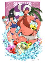 Rule 34 | 2girls, ball, beachball, black hair, blue eyes, bracelet, breasts, candy diamond, closed mouth, cocktail glass, cup, dark skin, diana (kof), drinking glass, foxy (kof), hand on own hip, highres, ice, jewelry, large breasts, long hair, looking at viewer, multiple girls, navel, palm tree, ponytail, red eyes, rocohisaya, short shorts, shorts, snk, stomach tattoo, swimsuit, tattoo, the king of fighters, tree, white hair