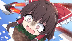 Rule 34 | 1girl, @ @, blue sky, bow, brown hair, cloud, commentary request, e.o., frilled bow, frilled hair tubes, frills, full body, hair between eyes, hair bow, hair tubes, hakurei reimu, long hair, medium bangs, minecraft, open mouth, pink eyes, red bow, scared, sidelocks, sky, skyblock, solo, touhou, yukkuri shiteitte ne