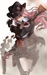 Rule 34 | 1girl, chaps, cowboy hat, fingerless gloves, gloves, gun, handgun, hat, hat ornament, highres, hololive, hololive english, jasper xandros, long hair, looking at viewer, mori calliope, mori calliope (sheriff), official alternate costume, pink hair, red eyes, revolver, sheriff, shotgun, skull hat ornament, solo, virtual youtuber, weapon