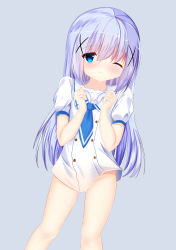 Rule 34 | 1girl, absurdres, blue background, blue eyes, blue hair, blue necktie, blush, bottomless, closed mouth, gluteal fold, gochuumon wa usagi desu ka?, hair between eyes, hair ornament, highres, holding, holding clothes, holding panties, holding underwear, kafuu chino, long hair, looking at viewer, naked shirt, necktie, no panties, one eye closed, panties, unworn panties, pizzzica, sailor collar, shirt, short sleeves, simple background, solo, standing, underwear, very long hair, white panties, white sailor collar, white shirt, x hair ornament