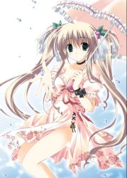Rule 34 | 1girl, bad id, bad pixiv id, blonde hair, blush, breasts, choker, cleavage, dress, floral print, hair ornament, hair ribbon, korie riko, legs, long hair, medium breasts, original, outstretched arm, outstretched hand, parasol, reaching, ribbon, grey eyes, solo, twintails, umbrella, very long hair