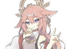 Rule 34 | animal ears, detached sleeves, earrings, floppy ears, fox ears, fox shadow puppet, genshin impact, hand to own mouth, highres, japanese clothes, jewelry, komano shia, pink hair, purple eyes, simple background, smile, upper body, white background, wide sleeves, yae miko
