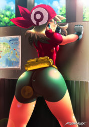 Rule 34 | 1girl, against wall, alternate color, aqua eyes, ass, bandana, bike shorts, breasts, brown hair, cameltoe, creatures (company), from behind, game freak, gloves, long hair, looking at viewer, looking back, map, may (pokemon), medium breasts, nintendo, pokemon, pokemon rse, rybiorock, shiny clothes, shiny skin, smile, solo, spread legs