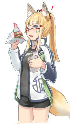 Rule 34 | !, 1girl, animal ear fluff, animal ears, black shorts, blonde hair, blue eyes, blush, breasts, burger, commentary request, cup, disposable cup, drinking straw, fang, food, fox ears, fox girl, fox tail, glasses, grey shirt, hands up, highres, holding, holding cup, holding food, jacket, kuro kosyou, long hair, long sleeves, open clothes, open jacket, open mouth, original, over-rim eyewear, ponytail, puffy long sleeves, puffy sleeves, red-framed eyewear, semi-rimless eyewear, shirt, short shorts, shorts, simple background, small breasts, solo, standing, tail, white background, white jacket