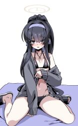 Rule 34 | 1girl, absurdres, bare shoulders, bikini, black bikini, black footwear, black hair, blanket, blue archive, blue eyes, blue hairband, blush, collarbone, commentary request, grey jacket, groin, hair between eyes, hairband, halo, harigane shinshi, highres, jacket, long hair, long sleeves, looking at viewer, navel, nose blush, o-ring, o-ring bikini, o-ring bottom, o-ring top, off shoulder, open clothes, open jacket, parted lips, ponytail, sandals, simple background, sitting, sleeves past wrists, solo, sweat, swimsuit, ui (blue archive), ui (swimsuit) (blue archive), very long hair, wariza, white background