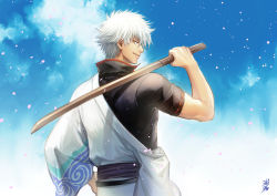 Rule 34 | 1boy, absurdres, black shirt, blue sky, bokken, closed mouth, cloud, day, from behind, gintama, hadanugi dousa, hand up, highres, holding, holding sword, holding weapon, japanese clothes, kimono, long sleeves, male focus, open kimono, outdoors, over shoulder, petals, profile, red eyes, sakata gintoki, shirt, short sleeves, sky, smile, solo, sword, sword over shoulder, uraki (tetsu420), weapon, weapon over shoulder, white hair, white kimono, wide sleeves, wooden sword