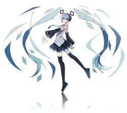 Rule 34 | 1girl, absurdres, black footwear, black skirt, black sleeves, blue eyes, blue hair, blue necktie, boots, closed mouth, collared shirt, commentary request, danjou sora, detached hair, detached sleeves, from side, grey shirt, hair between eyes, hatsune miku, highres, long hair, long sleeves, looking at viewer, looking to the side, necktie, pleated skirt, reflection, shirt, skirt, sleeveless, sleeveless shirt, solo, standing, standing on one leg, thigh boots, tie clip, tiptoes, twintails, very long hair, vocaloid, white background, wide sleeves