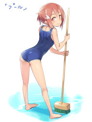 Rule 34 | 10s, 1girl, barefoot, blush, broom, brown hair, cleaning brush, empty pool, hair ornament, hair ribbon, highres, looking at viewer, looking back, michairu, one-piece swimsuit, pool, red eyes, ribbon, short hair, sketch, smile, solo, swimsuit, water, yuuki yuuna, yuuki yuuna wa yuusha de aru, yuusha de aru