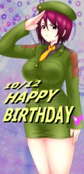 Rule 34 | 1girl, breasts, curvy, happy birthday, large breasts, military, military uniform, necktie, okyou, purple hair, salute, short hair, solo, the king of fighters, uniform, whip (kof)