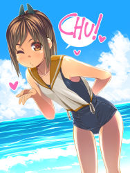 Rule 34 | 10s, 1girl, arm behind back, blowing kiss, brown eyes, brown hair, cloud, day, dutch angle, heart, i-401 (kancolle), kantai collection, one-piece swimsuit, one eye closed, school swimsuit, shiden (sashimi no wife), sidelocks, sky, solo, swimsuit, water