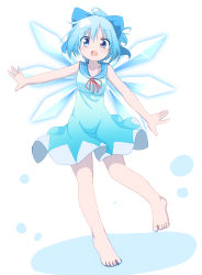 Rule 34 | 1girl, :d, adapted costume, barefoot, blue bow, blue eyes, blue hair, bow, cirno, do (4-rt), dress, fang, full body, hair bow, highres, ice, ice wings, looking at viewer, open mouth, outstretched arm, sailor dress, short hair, simple background, sleeveless, sleeveless dress, smile, solo, touhou, white background, wings