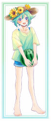 Rule 34 | 1boy, absurdres, alternate costume, barefoot, basil (headspace) (omori), basil (omori), blue shorts, blush, collarbone, denim, denim shorts, flower, food, fruit, full body, green eyes, green hair, hamcue, hat, hat flower, highres, holding, holding food, holding fruit, holding watermelon, looking at viewer, male focus, omori, open mouth, shirt, short hair, short sleeves, shorts, smile, solo, sun hat, sunflower, t-shirt, tank top, watermelon, yellow shirt