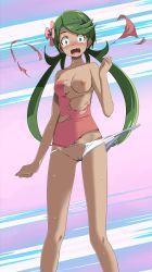 Rule 34 | 1girl, bare arms, blouse, blush, breasts, censored, collarbone, creatures (company), embarrassed, floating hair, flower, game freak, green eyes, green hair, hair flower, hair ornament, highres, long hair, mallow (pokemon), medium breasts, mosaic censoring, nintendo, nipples, open mouth, panties, pink flower, pink panties, pink shirt, pokemon, pokemon sm, pussy, shirt, solo, standing, sweatdrop, swept bangs, tearing up, tears, torn clothes, torn panties, torn shirt, tsukishiro saika, twintails, underwear, very long hair