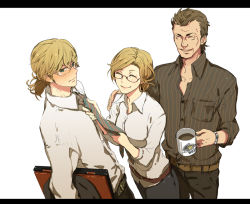 Rule 34 | 10s, 1girl, 2boys, age difference, alternate hairstyle, bad id, bad pixiv id, barnaby brooks jr., barnaby brooks sr, blonde hair, blush, briefcase, brown hair, coffee, cup, emily brooks, closed eyes, family, father and son, glasses, green eyes, letterboxed, mother and son, mug, multiple boys, necktie, ponytail, sashimi555, short hair, smile, tiger &amp; bunny, watch, wild tiger, wristwatch