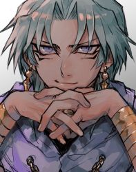 Rule 34 | 1boy, absurdres, chain, closed mouth, commentary, earrings, fingernails, green hair, highres, jewelry, light smile, looking at viewer, male focus, marik ishtar, oshiruko (oshiruko0803), parted bangs, purple eyes, sketch, solo, yu-gi-oh!