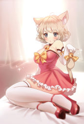 Rule 34 | 1girl, ahoge, animal ears, arm support, bad id, bad pixiv id, bare shoulders, bed sheet, bedroom, bell, blonde hair, blurry, blush, breasts, cat ears, cat tail, cleavage, closed mouth, collar, curtains, depth of field, dog ears, dress, elbow gloves, frilled dress, frills, gloves, grey eyes, high heels, highres, indoors, jingle bell, large breasts, looking at viewer, lying, miyaza, neck bell, on bed, on side, original, pink dress, ribbon, short hair, solo, sparkle, tail, tail bell, tail ornament, tail ribbon, thighhighs, wavy hair, white gloves, white thighhighs, yellow ribbon