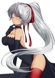 Rule 34 | 1girl, agekichi (heart shape), bad id, bad twitter id, black dress, breasts, choker, dress, elbow gloves, eyepatch, gloves, hair ribbon, jitome, long hair, looking at viewer, no panties, original, ponytail, red eyes, red thighhighs, ribbon, silver hair, solo, thighhighs, very long hair, white background