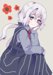 Rule 34 | 1girl, black dress, blue eyes, blush, closed mouth, collared shirt, commentary request, dress, floral background, grey background, grey shirt, hair between eyes, hand up, highres, konno junko, long hair, long sleeves, looking at viewer, low ponytail, necktie, omase (mnnk umai), red necktie, shirt, simple background, sleeveless, sleeveless dress, smile, solo, striped clothes, striped dress, vertical-striped clothes, vertical-striped dress, very long hair, zombie land saga