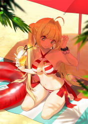 Rule 34 | 1girl, ahoge, artistic error, bare legs, bare shoulders, barefoot, beach, beach towel, bikini, blonde hair, blue eyes, blurry, blurry foreground, bracelet, breasts, closed mouth, commentary, crazy straw, cup, depth of field, drinking glass, drinking straw, earrings, fate/grand order, fate (series), food, fruit, hair intakes, heart straw, holding, innertube, jewelry, large breasts, lilithbloody, long hair, looking at viewer, navel, nero claudius (fate), nero claudius (fate) (all), nero claudius (swimsuit caster) (fate), orange (fruit), orange slice, outdoors, red bikini, sand, seiza, side-tie bikini bottom, sitting, smile, solo, striped bikini, striped clothes, swim ring, swimsuit, towel, twintails