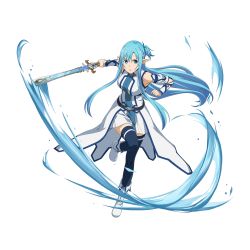 Rule 34 | 1girl, :o, asuna (sao-alo), blue eyes, blue hair, blue thighhighs, boots, braid, breasts, cape, crown braid, detached sleeves, dress, floating hair, full body, highres, holding, holding sword, holding weapon, leg up, long hair, looking at viewer, medium breasts, official art, pleated dress, pointy ears, short dress, sleeveless, sleeveless dress, solo, standing, standing on one leg, sword, sword art online, thighhighs, transparent background, very long hair, waist cape, weapon, white cape, white dress, white footwear, white sleeves, zettai ryouiki