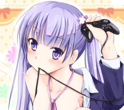 Rule 34 | 1girl, arino hiroshi, blouse, blush, breasts, collarbone, holding, long hair, mouth hold, neck ribbon, new game!, open clothes, open shirt, out-of-frame censoring, pink ribbon, purple eyes, purple hair, ribbon, shirt, sideboob, small breasts, solo, suzukaze aoba, twintails, upper body